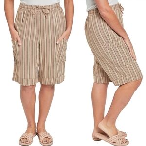 Ladies Striped Linen Blend Tan Women's Shorts, Elastic Drawstring Waist, XL